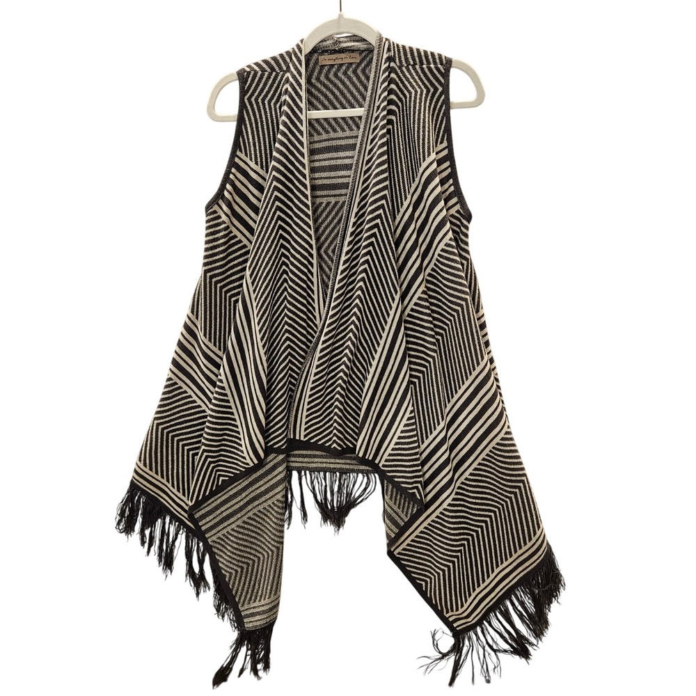 Boho Chic Fringe Open-Front Kimono Vest M/L Lagen Sleeveless Cardigan #425